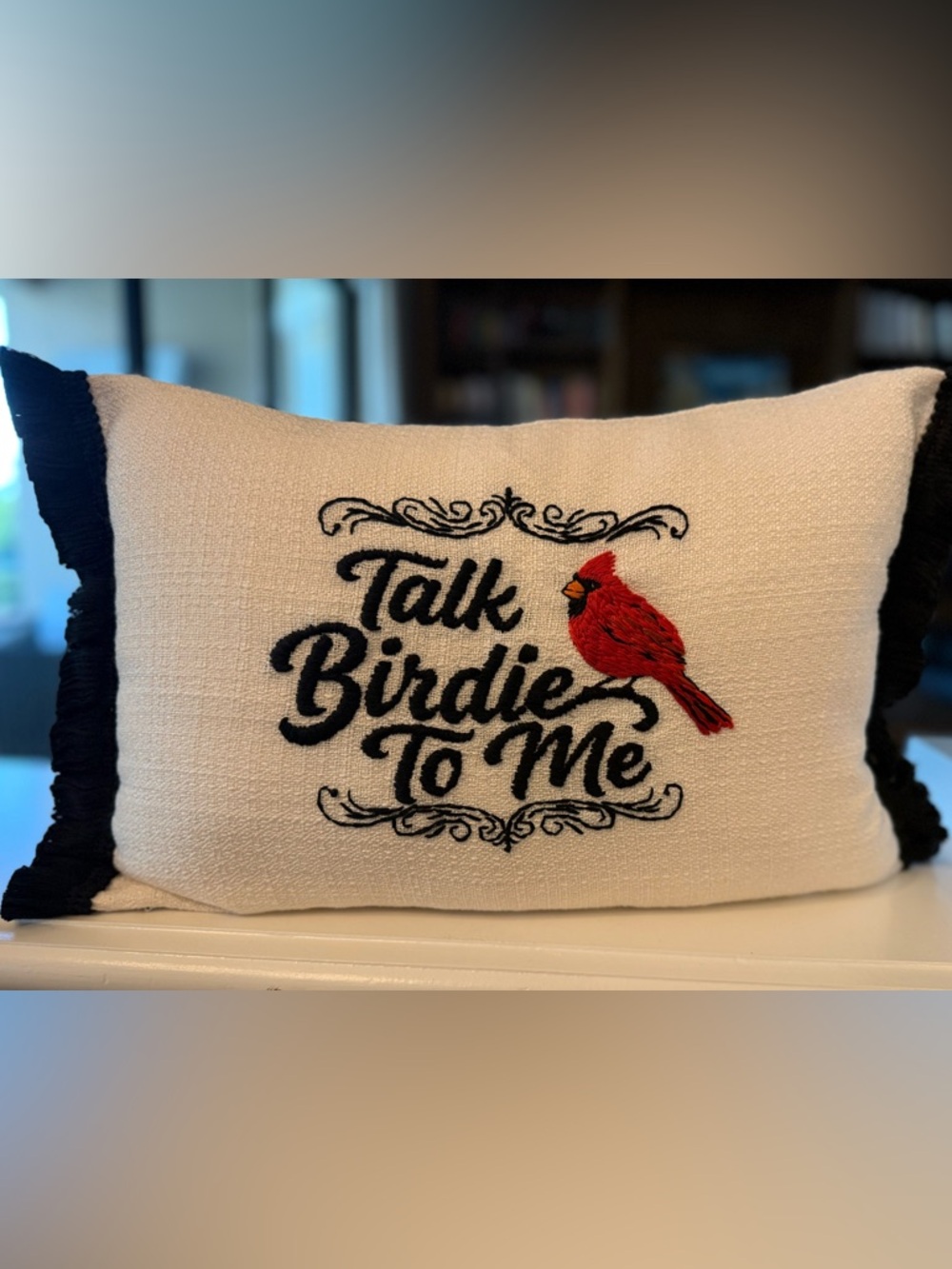 Talk Birdie To Me Hand Embroidered Cardinal accent pillow